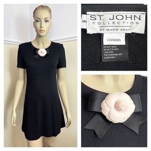 ST. JOHN black knit dress Camellia bow